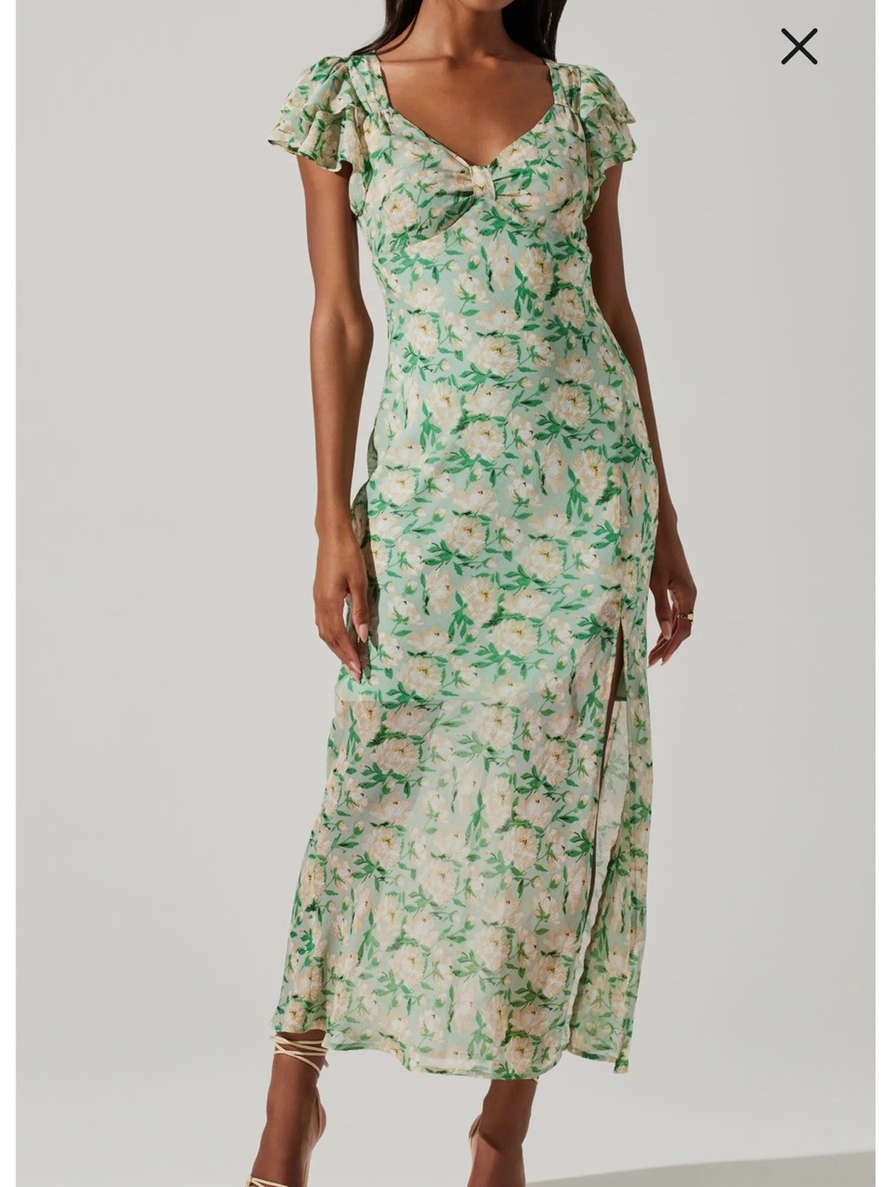 Astr Green Floral V-Neck Maxi Dress with Flutter Sleeves